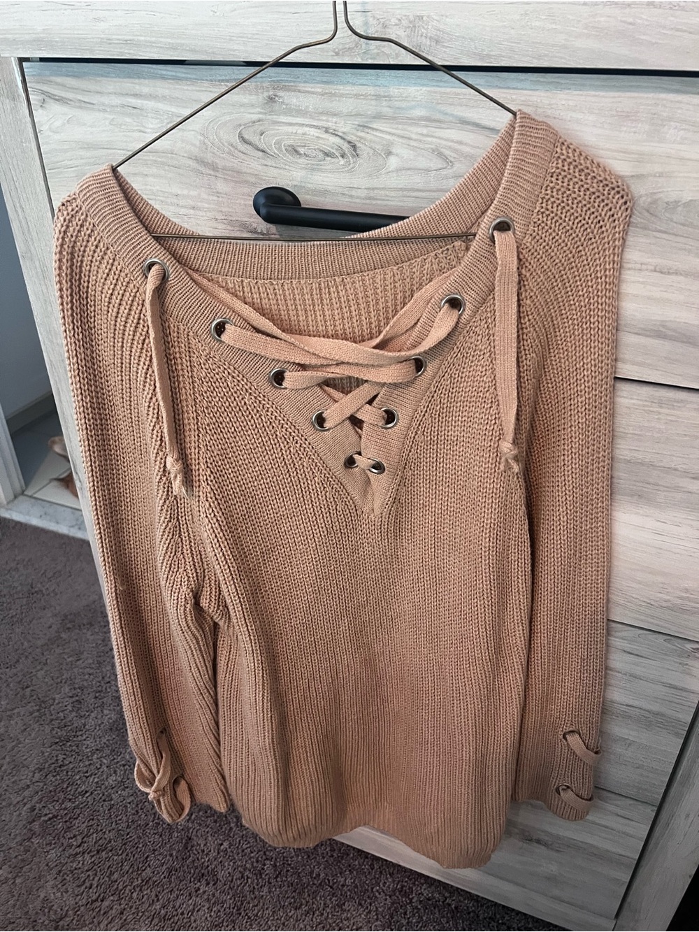 Lace-Up V-Neck Knit Sweater - Tan
